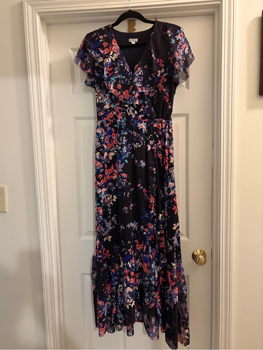Spense Black Floral Maxi Dress with Pink & Blue Accents